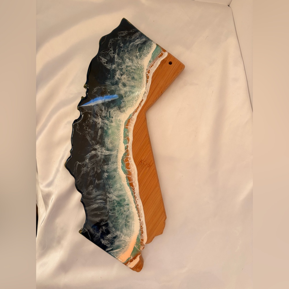 Handcrafted Ocean Resin & Bamboo Serving Board - Teal Blue Wave